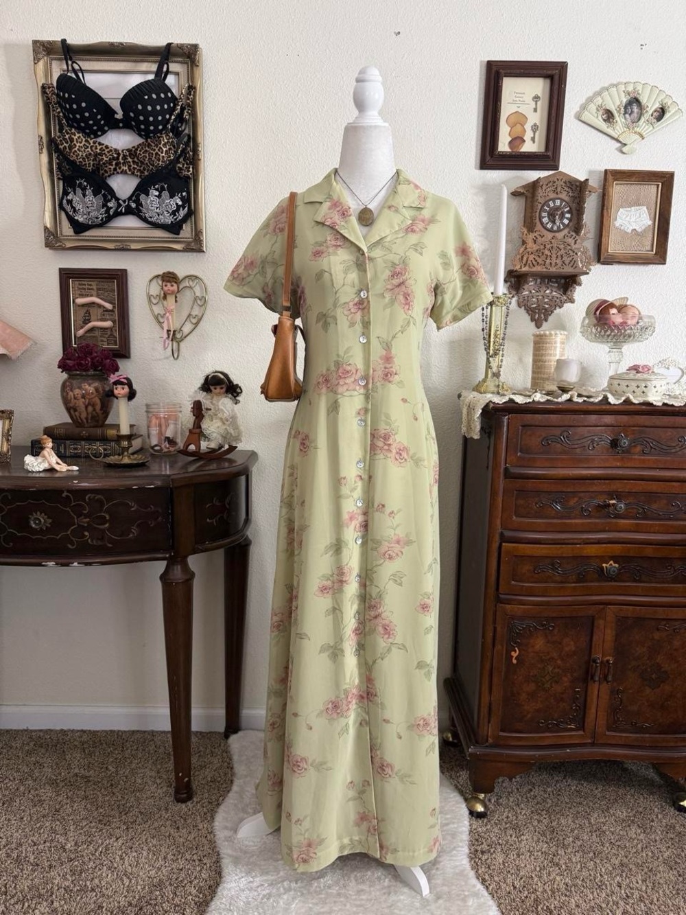 Vintage 90’s cottagecore fairy grunge dainty green and pink floral button down m